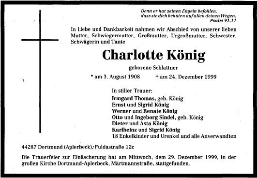 Schlattner Charlotte 1908-1999 Todesanzeige